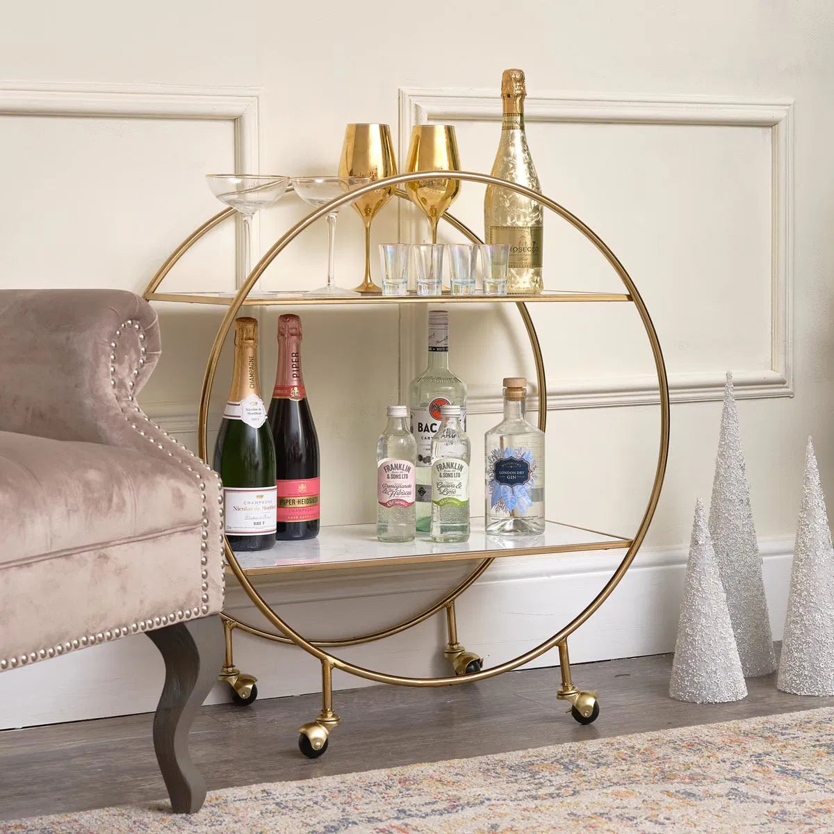 Elegant Gold & Marble Round Bar Cart Drinks Trolley