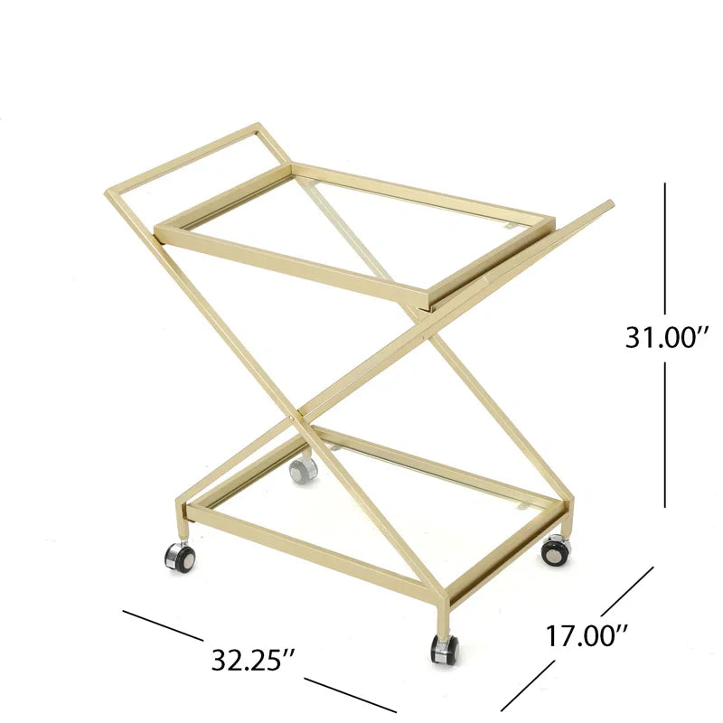 Elegant Golden Finish Drink Cart with Crossed Metal Frame
