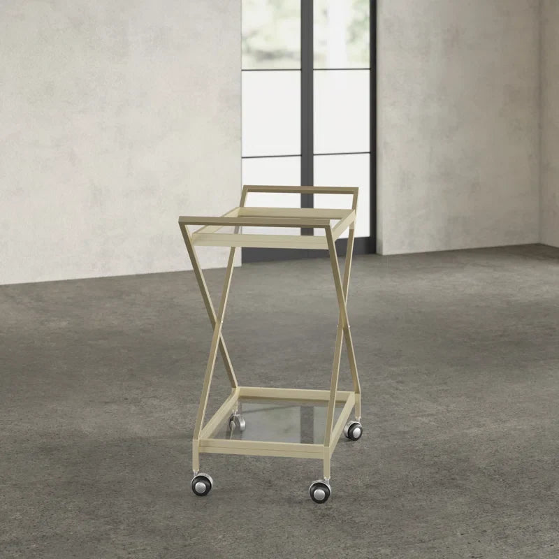 Elegant Golden Finish Drink Cart with Crossed Metal Frame