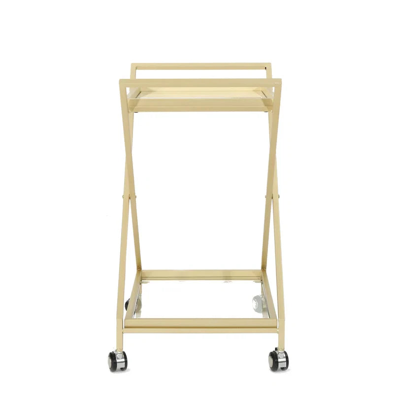 Elegant Golden Finish Drink Cart with Crossed Metal Frame