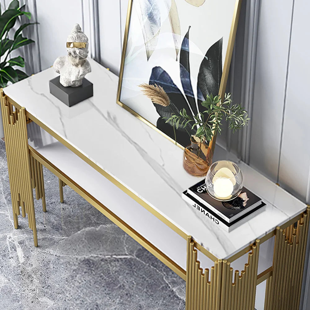 Elegant Marble Console Table with Metallic Gold Fringe Base