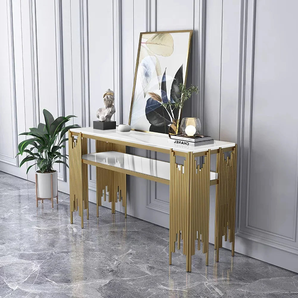Elegant Marble Console Table with Metallic Gold Fringe Base
