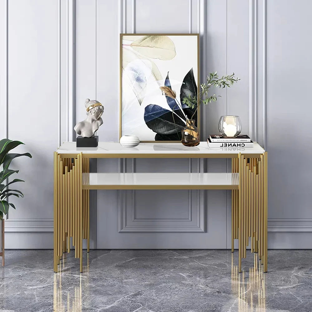 Elegant Marble Console Table with Metallic Gold Fringe Base