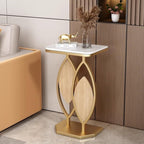 Elegant Marble Side Table with Gold Frame and Wooden Leaf Accents