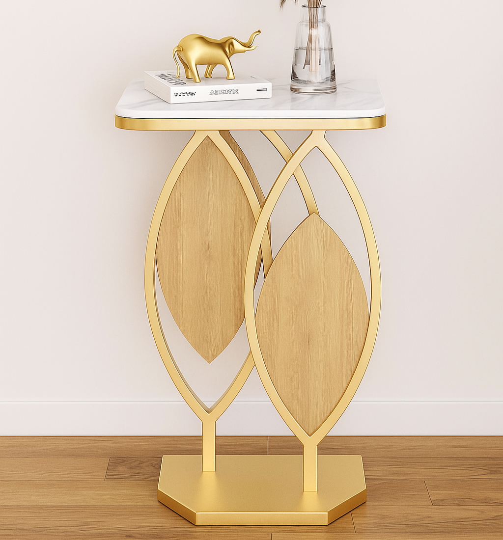Elegant Marble Side Table with Gold Frame and Wooden Leaf Accents