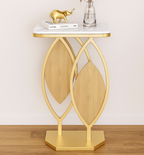 Elegant Marble Side Table with Gold Frame and Wooden Leaf Accents