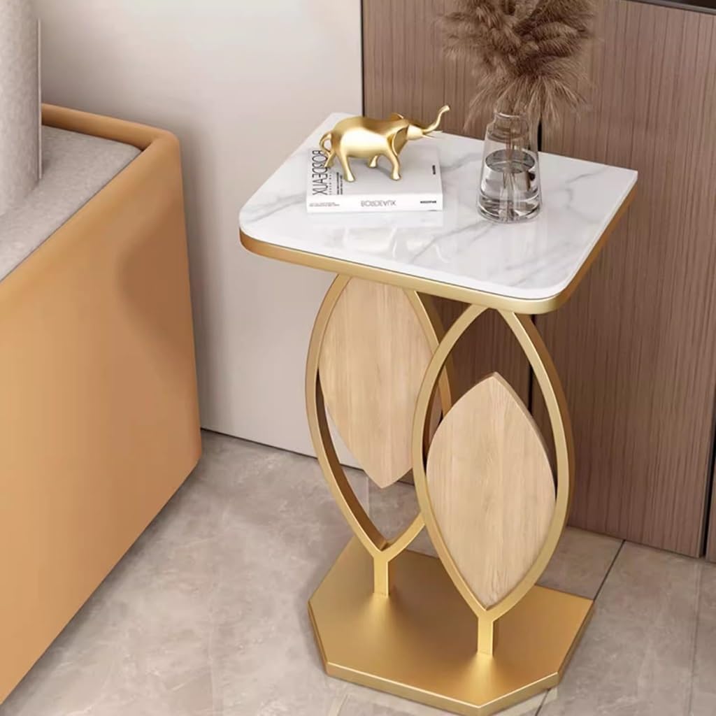 Elegant Marble Side Table with Gold Frame and Wooden Leaf Accents