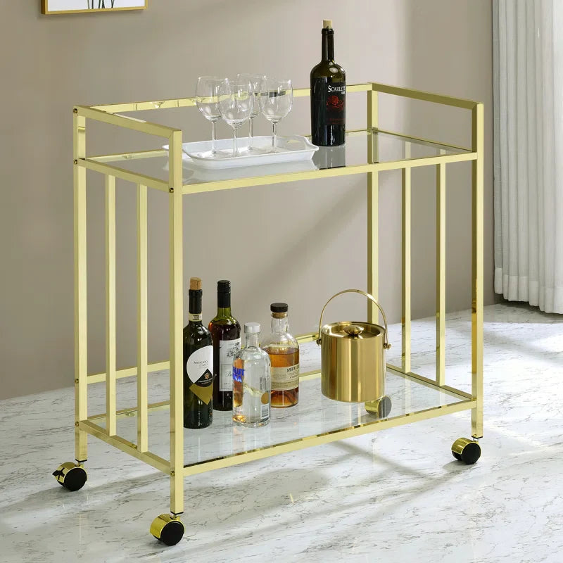Elegant Rolling Bar Cart with Gold Finish & Glass Storage