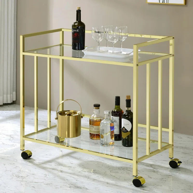 Elegant Rolling Bar Cart with Gold Finish & Glass Storage
