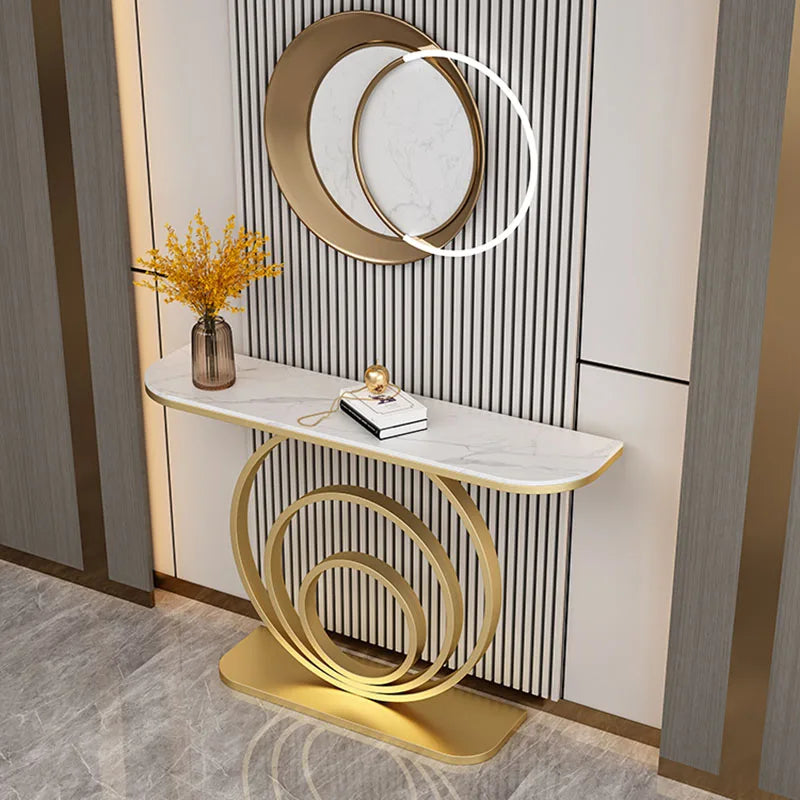 Elegant White Marble Top Console Table with Sculptural Gold Rings
