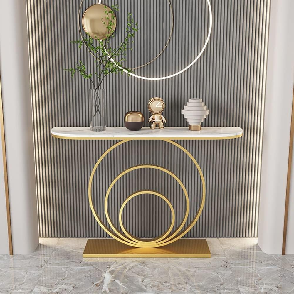 Elegant White Marble Top Console Table with Sculptural Gold Rings