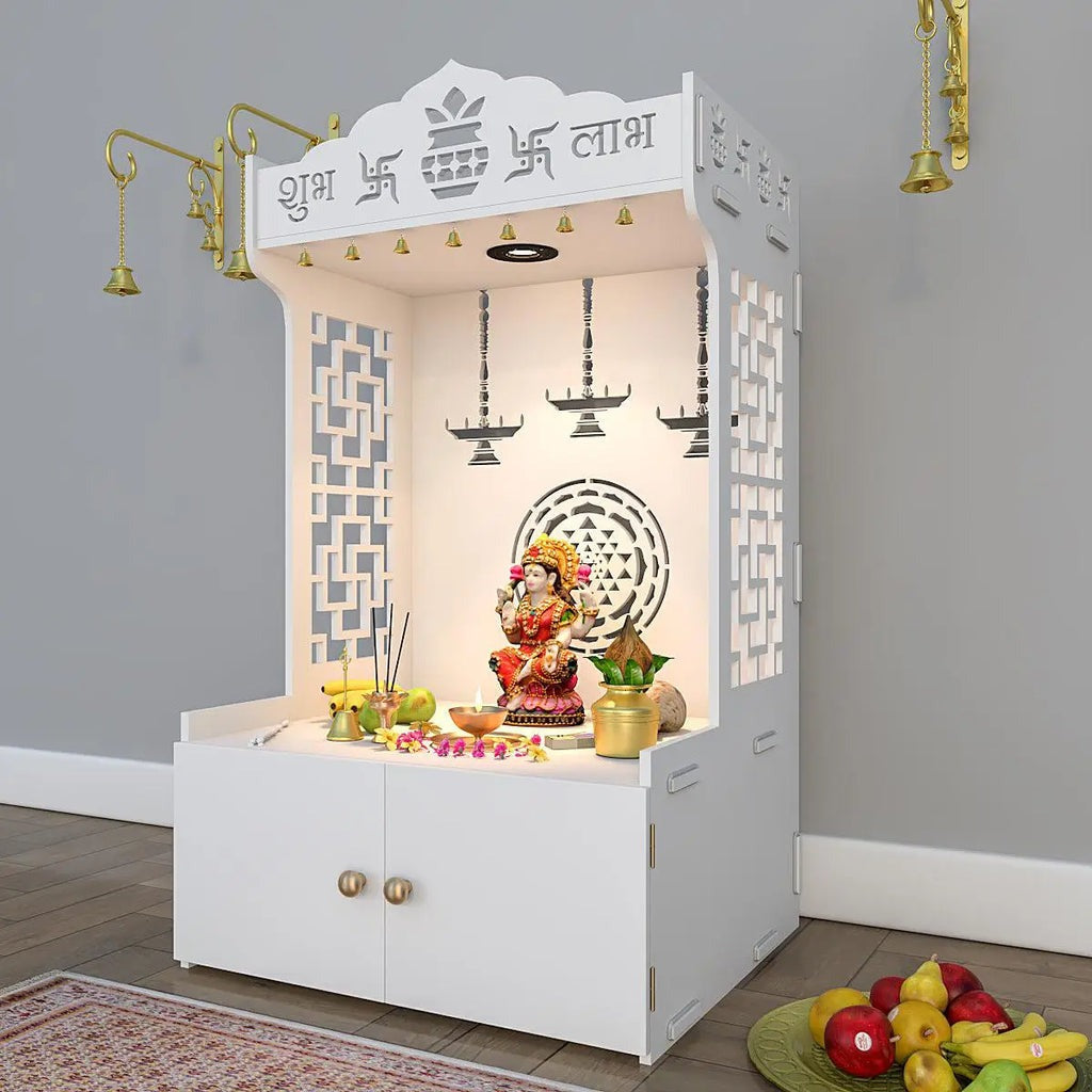 Elegant Wooden Floor Pooja Mandir with Laser-Cut Design with Storage Cabinet