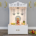 Elegant Wooden Floor Pooja Mandir with Laser-Cut Design with Storage Cabinet