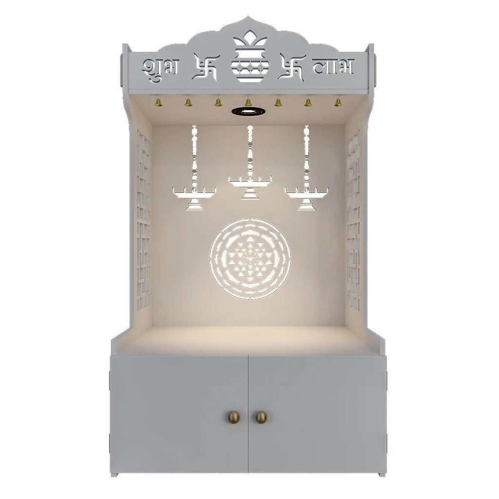 Elegant Wooden Floor Pooja Mandir with Laser-Cut Design with Storage Cabinet