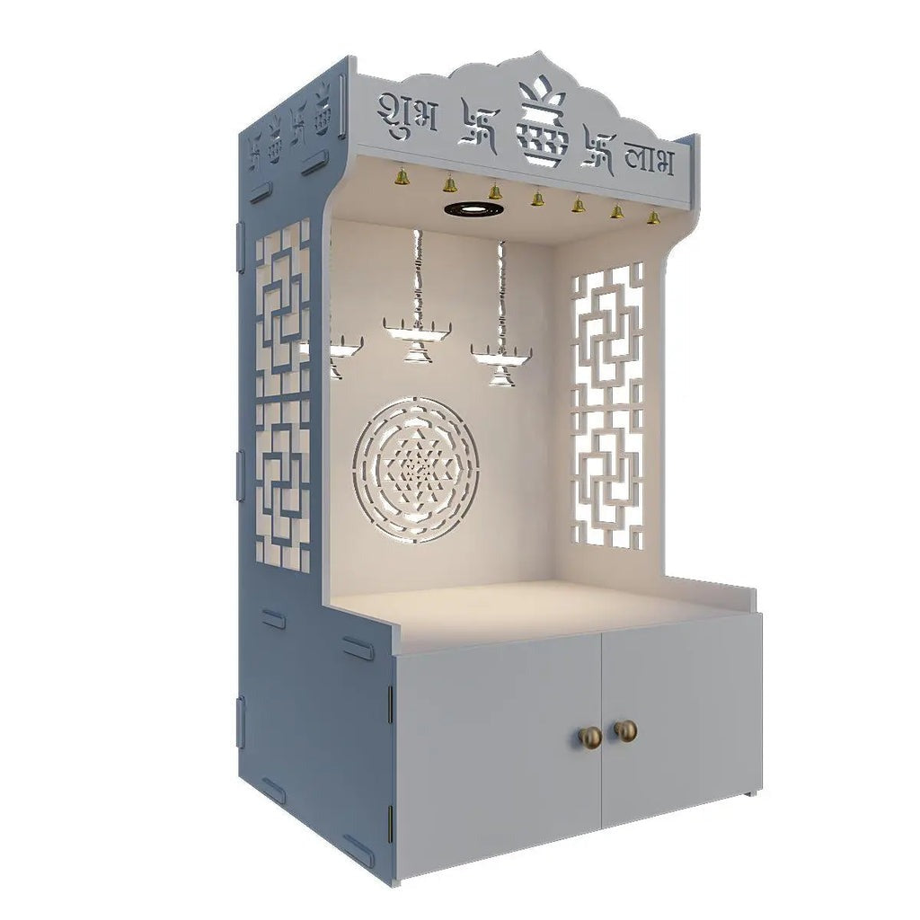 Elegant Wooden Floor Pooja Mandir with Laser-Cut Design with Storage Cabinet