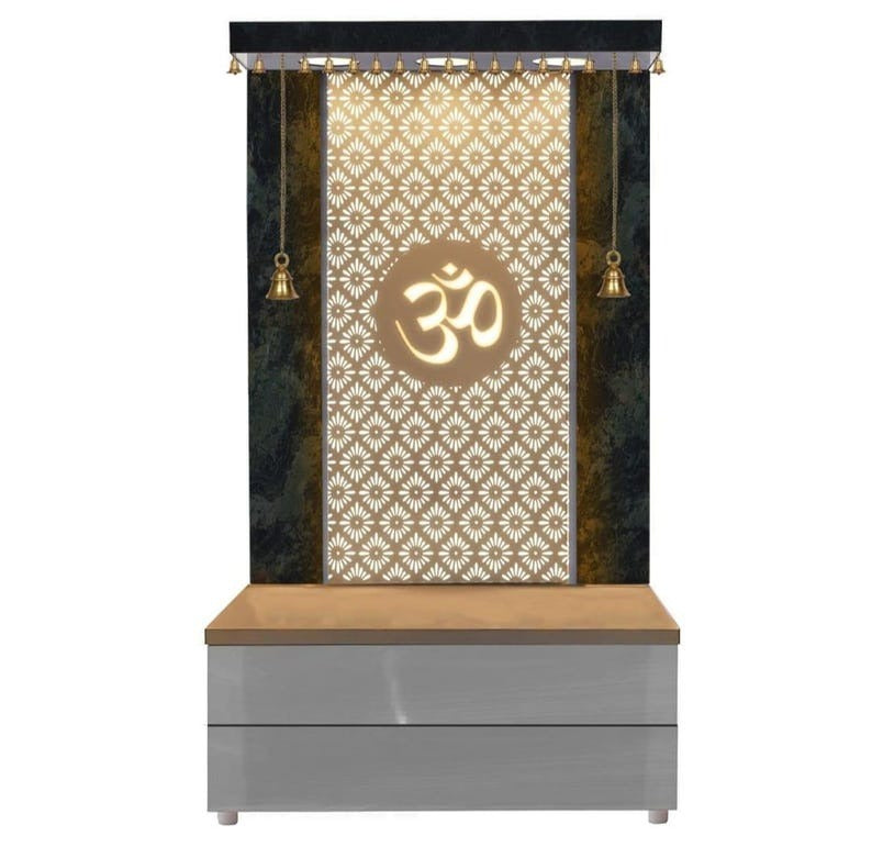 Elegant Wooden Temple with Om Cutwork and Dual Storage Drawers