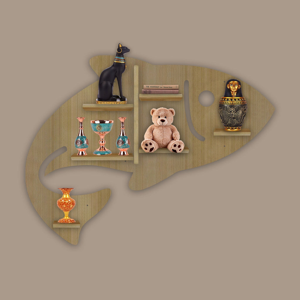 Fish Shape Wooden LED Wall Shelf – Light Oak Finish | Designer Backlit Book & Décor Shelf - Decorsmart