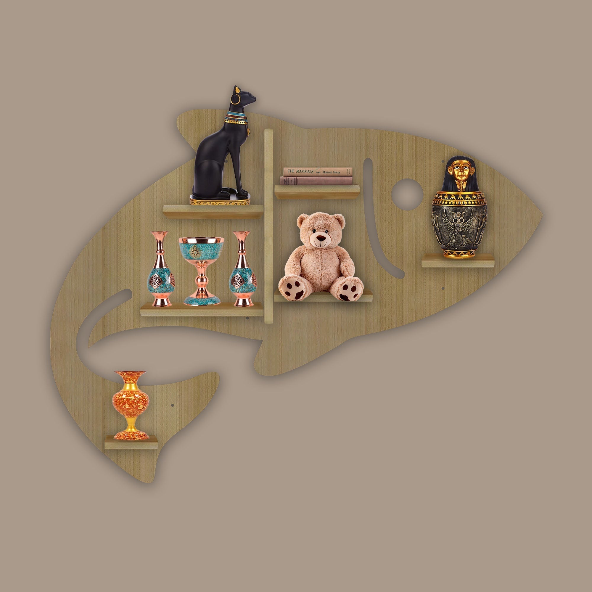 Fish Shape Wooden LED Wall Shelf – Light Oak Finish | Designer Backlit Book & Décor Shelf - Decorsmart