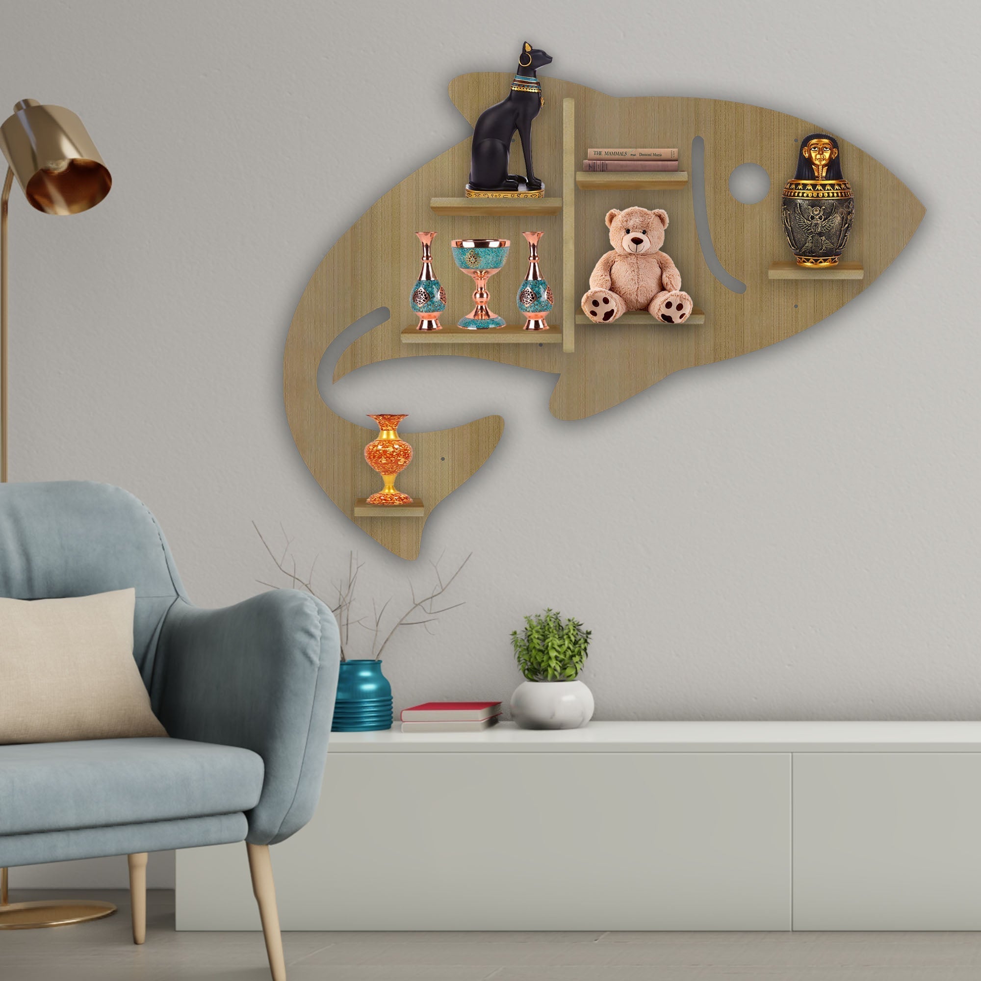 Fish Shape Wooden LED Wall Shelf – Light Oak Finish | Designer Backlit Book & Décor Shelf - Decorsmart