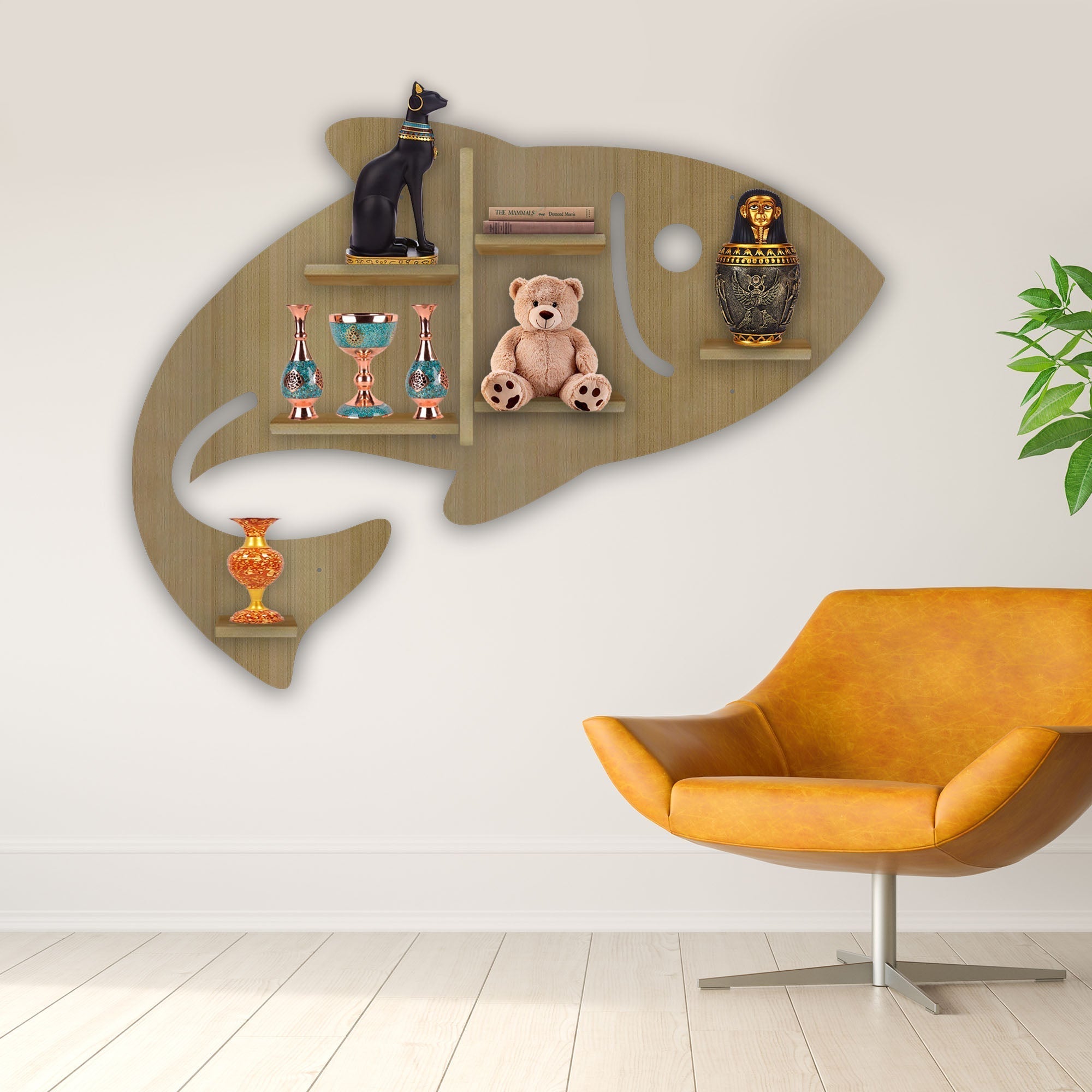 Fish Shape Wooden LED Wall Shelf – Light Oak Finish | Designer Backlit Book & Décor Shelf - Decorsmart