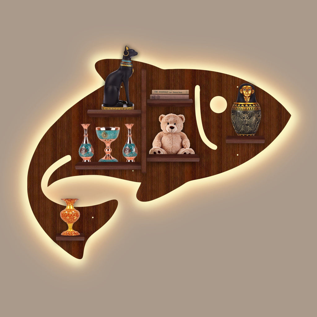 Fish Shape Wooden LED Wall Shelf – Walnut Finish | Designer Shelf - Decorsmart