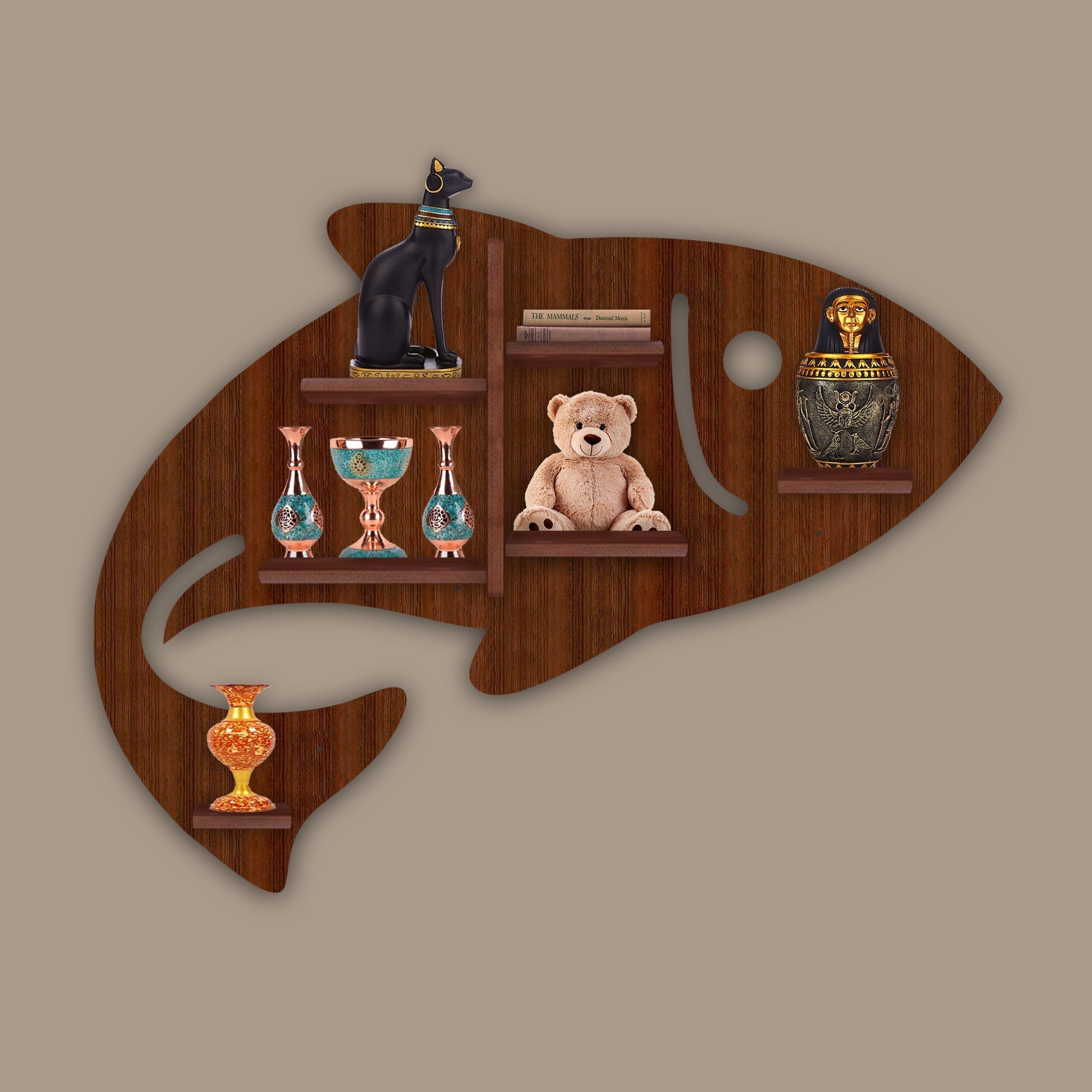 Fish Shape Wooden LED Wall Shelf – Walnut Finish | Designer Shelf - Decorsmart