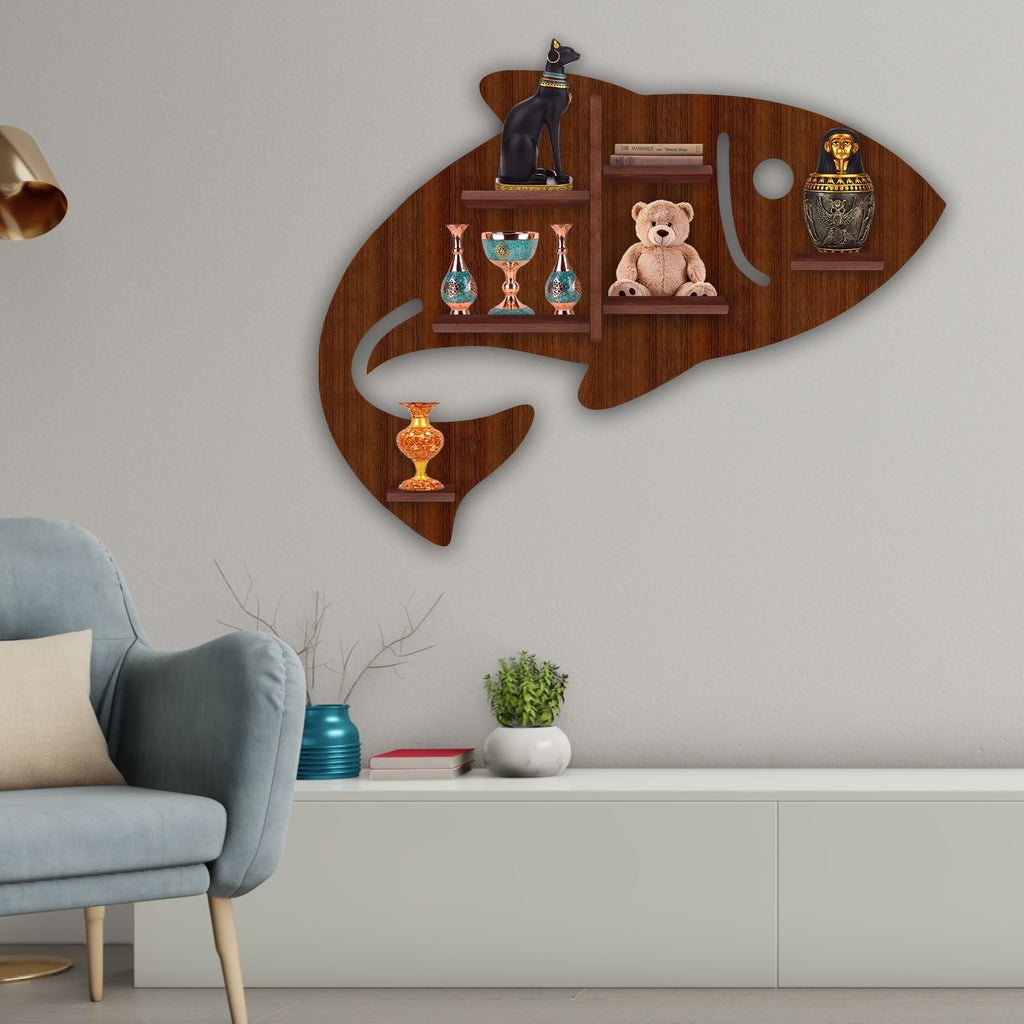 Fish Shape Wooden LED Wall Shelf – Walnut Finish | Designer Shelf - Decorsmart