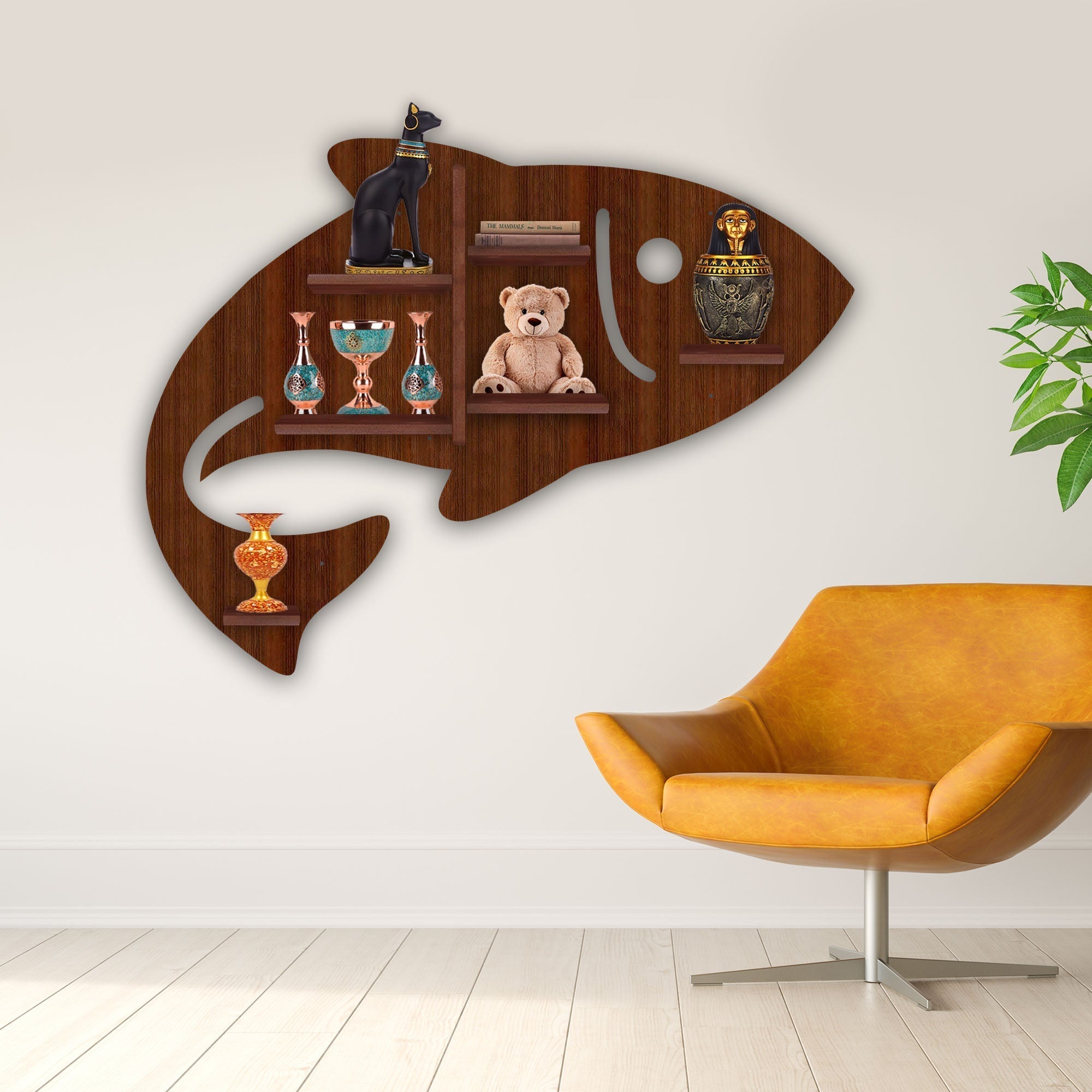 Fish Shape Wooden LED Wall Shelf – Walnut Finish | Designer Shelf - Decorsmart