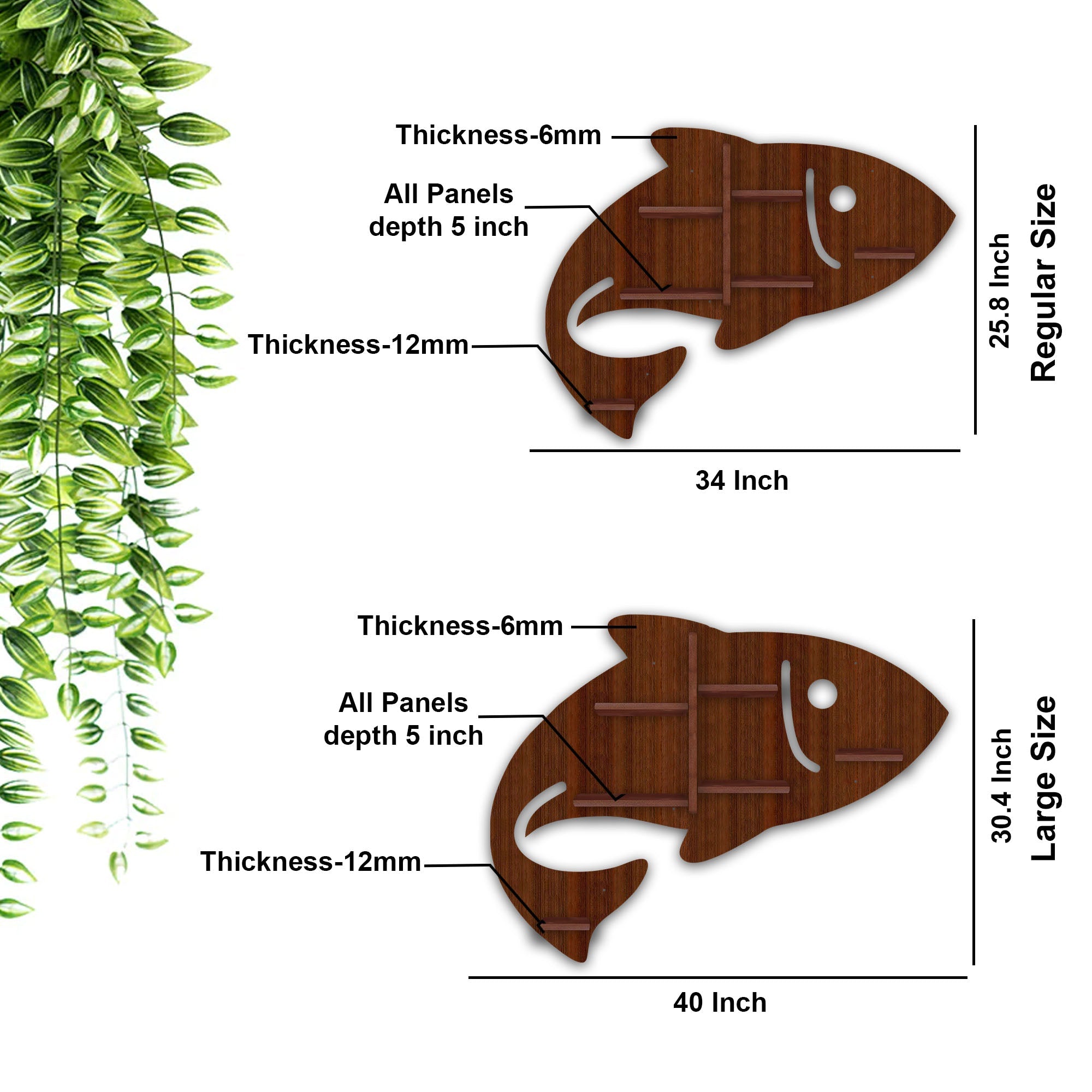 Fish Shape Wooden LED Wall Shelf – Walnut Finish | Designer Shelf - Decorsmart