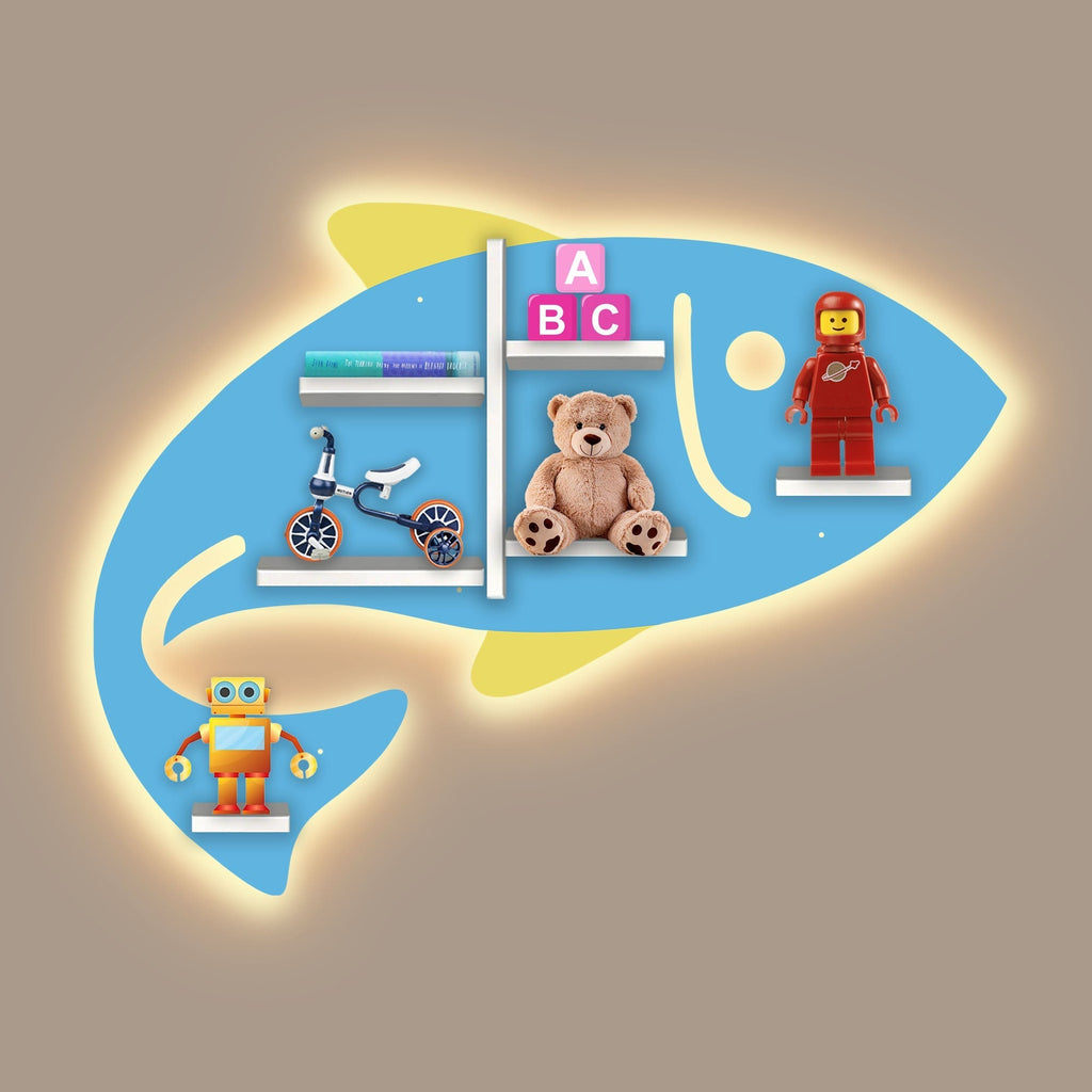 Fish Shaped LED Wall Shelf for Kids | Wooden Night Light & Toy Storage - Decorsmart