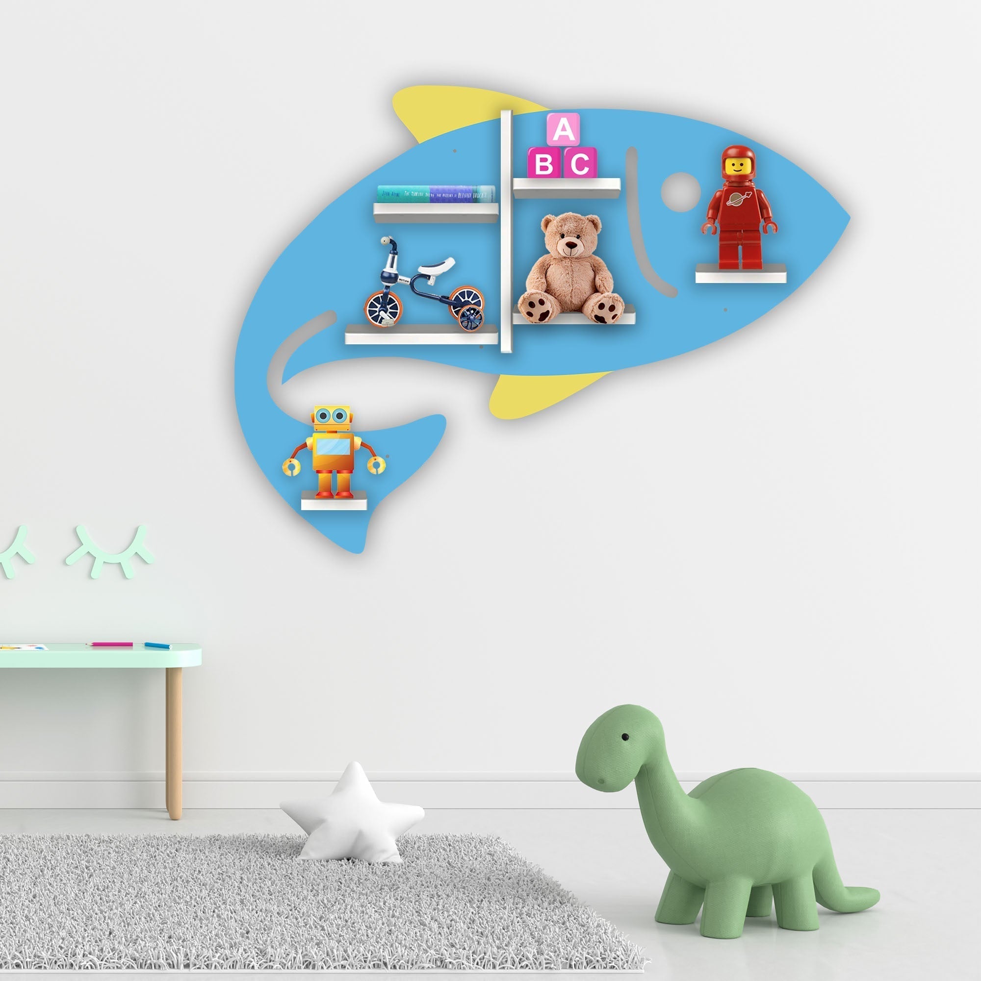 Fish Shaped LED Wall Shelf for Kids | Wooden Night Light & Toy Storage - Decorsmart