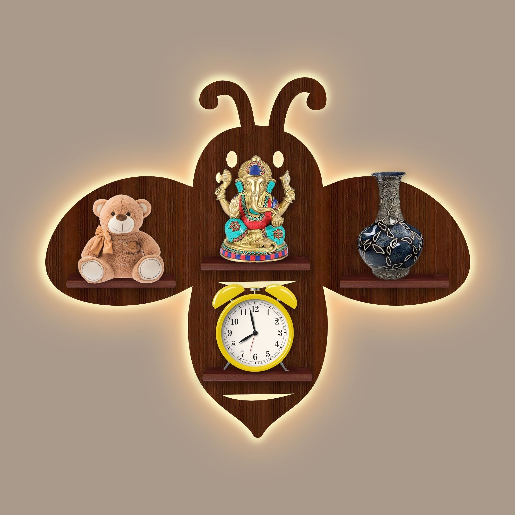 Honey Bee Wooden Wall Shelf LED Light Wall Shelf with Walnut Finish