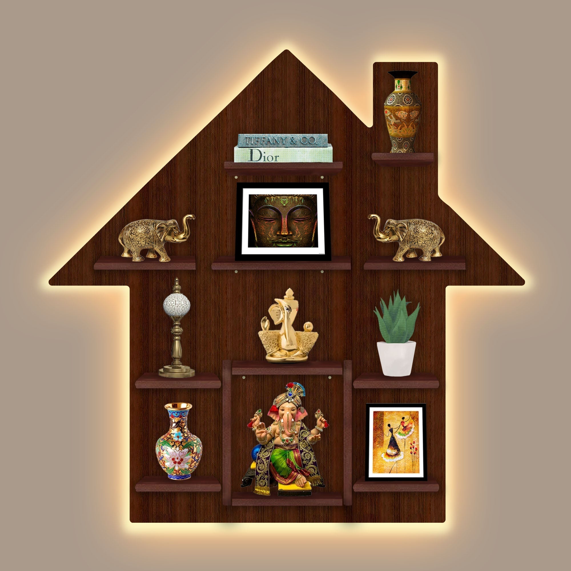 Hut Shape Wooden Wall Shelf with LED Light | Walnut Finish Storage & Display - Decorsmart