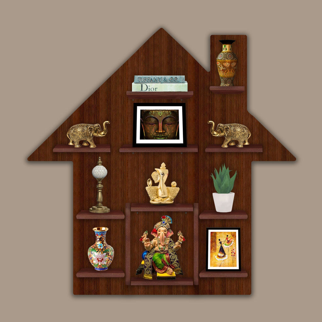 Hut Shape Wooden Wall Shelf with LED Light | Walnut Finish Storage & Display - Decorsmart