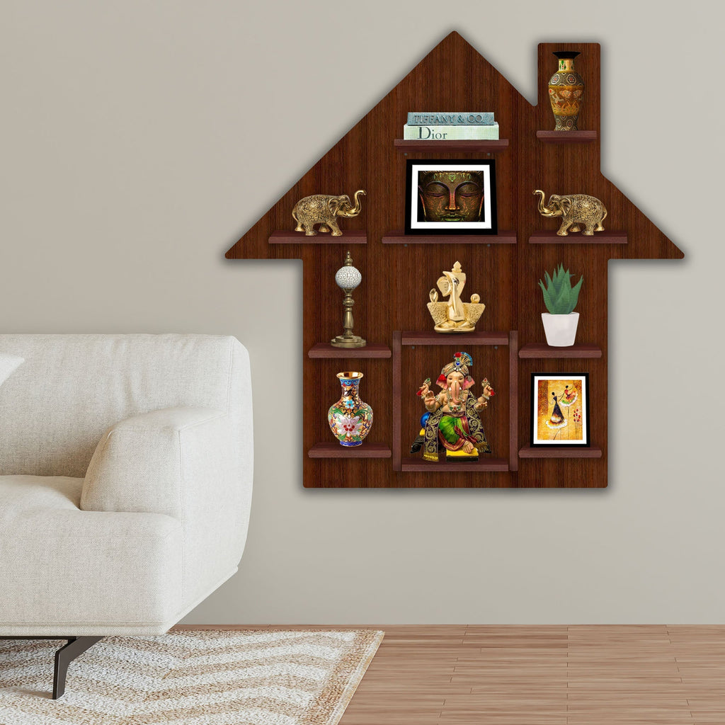 Hut Shape Wooden Wall Shelf with LED Light | Walnut Finish Storage & Display - Decorsmart