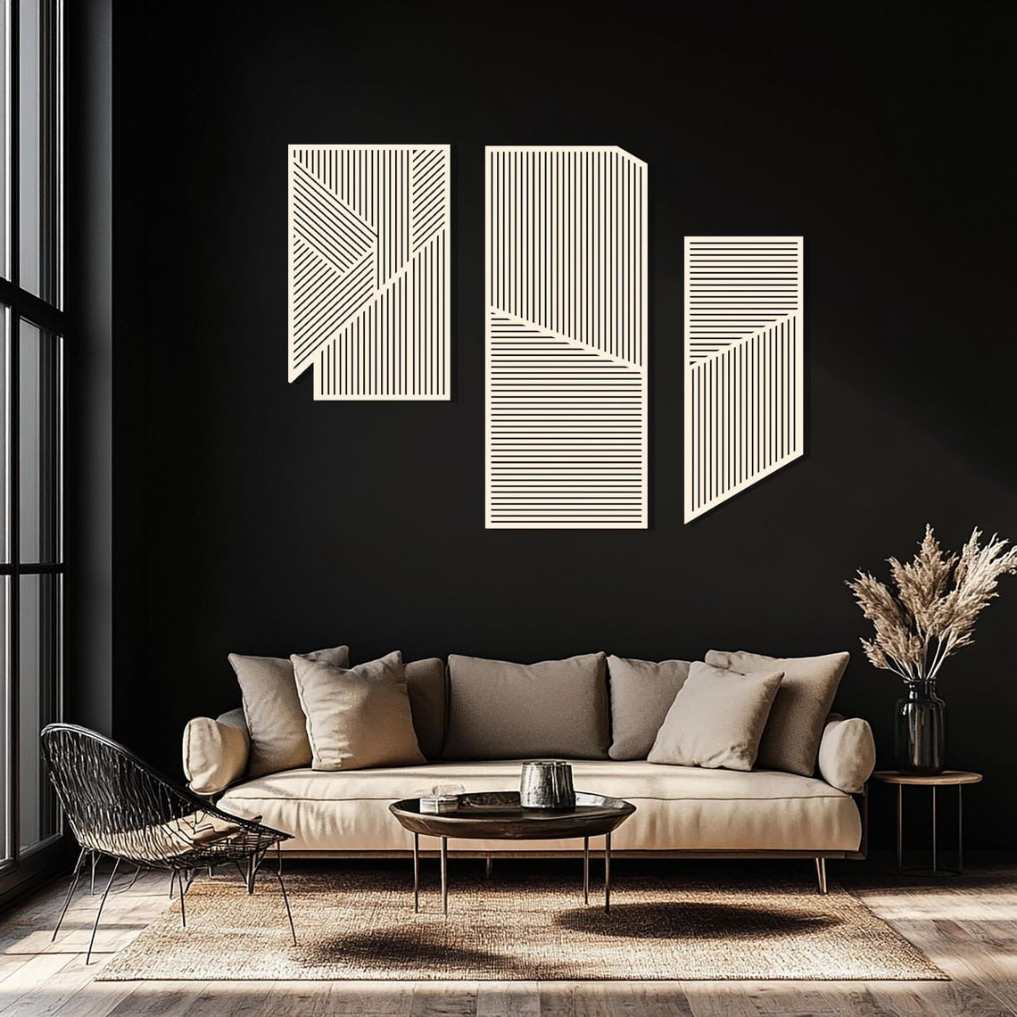 Large 3-Piece Wooden Wall Art with Vertical and Diagonal Slats