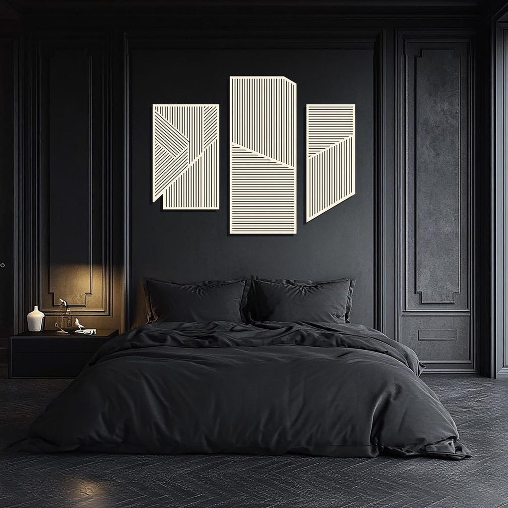 Large 3-Piece Wooden Wall Art with Vertical and Diagonal Slats