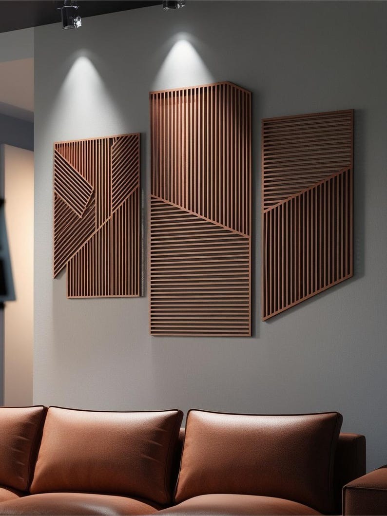 Large 3-Piece Wooden Wall Art with Vertical and Diagonal Slats