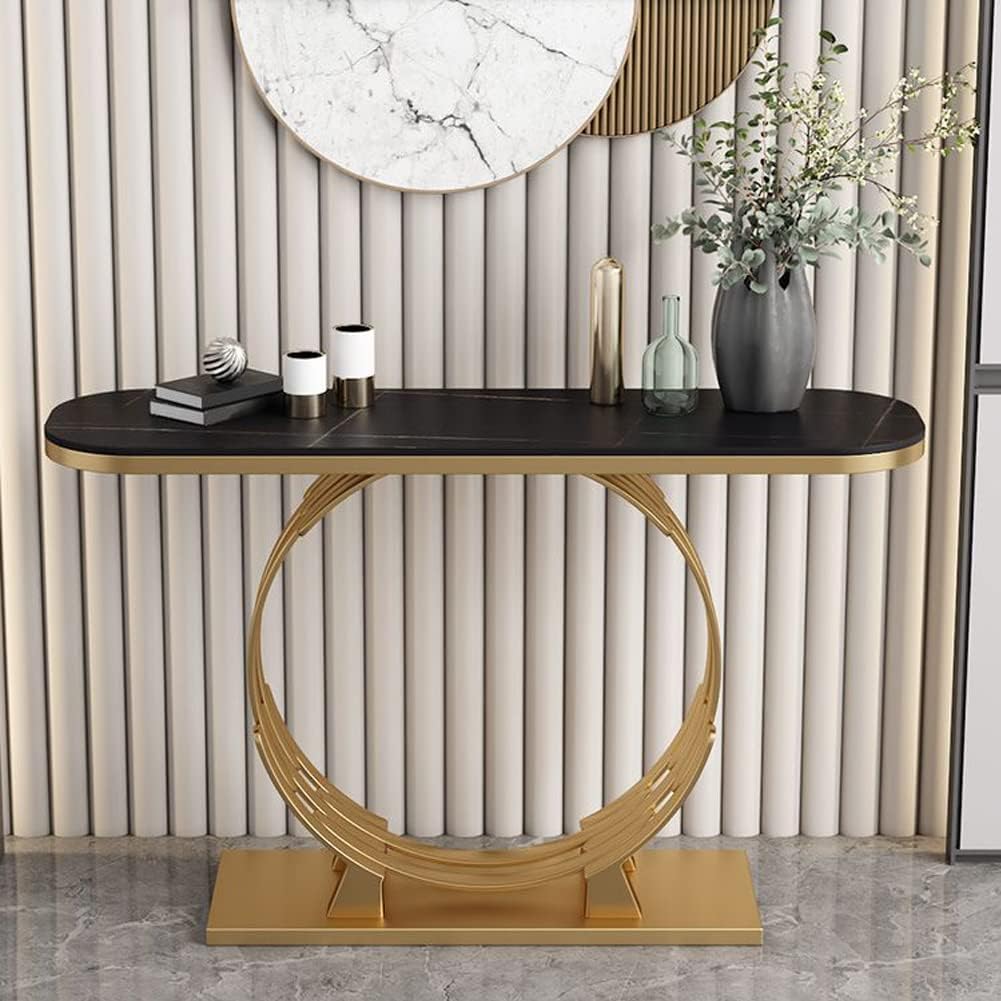 Luxurious Gold Circular Ring Console Table with Sleek Black Marble Top