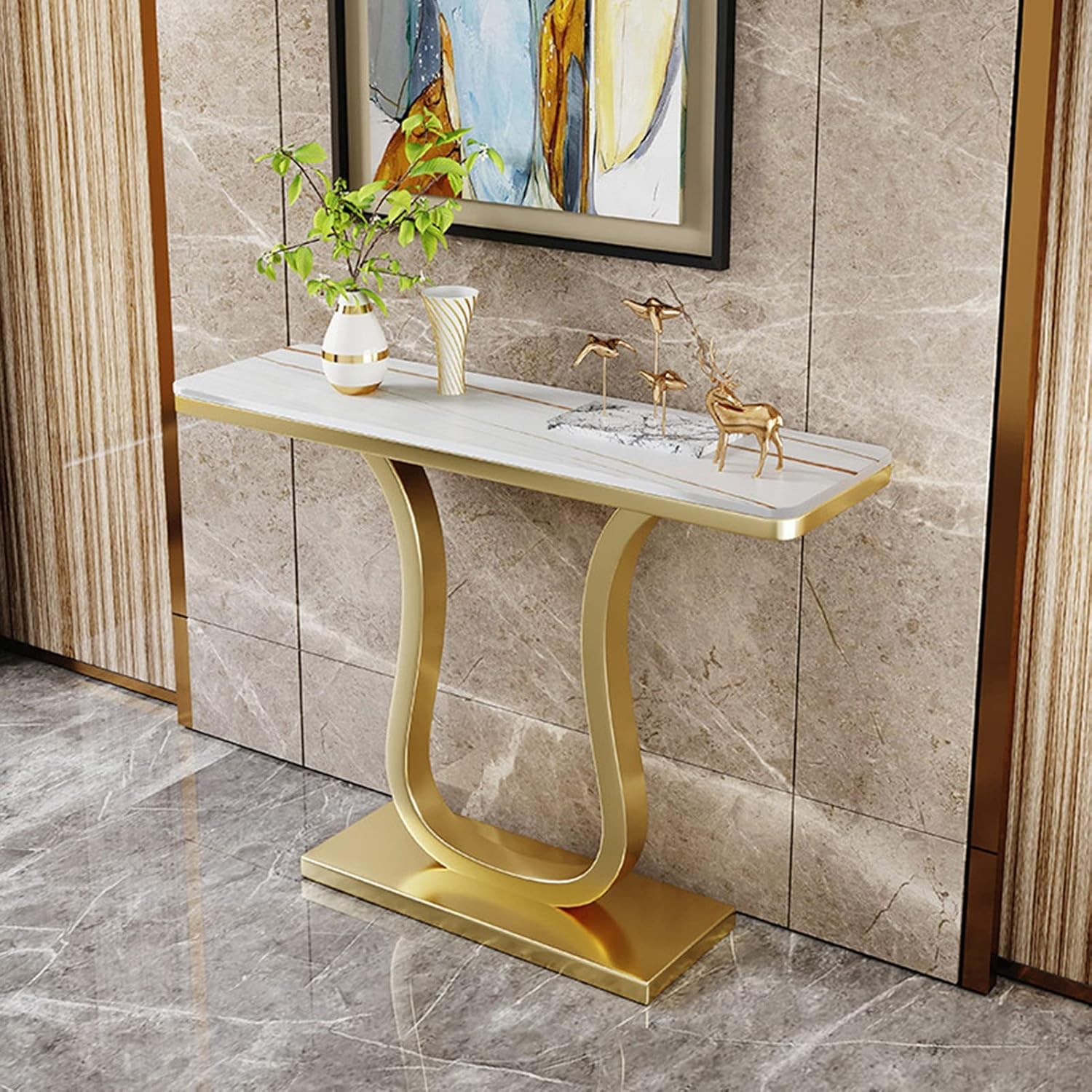 Luxury Console Table with Artistic Gold U-Shaped Metal Base