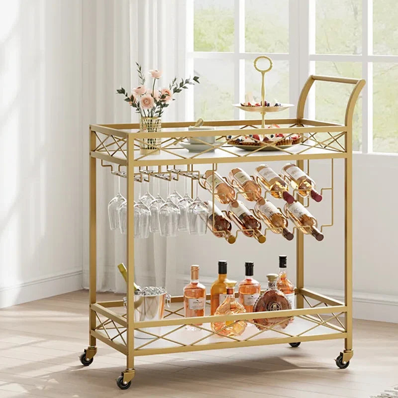 Luxury Gold Drink Cart with Built-In Wine & Glass Storage Trolley