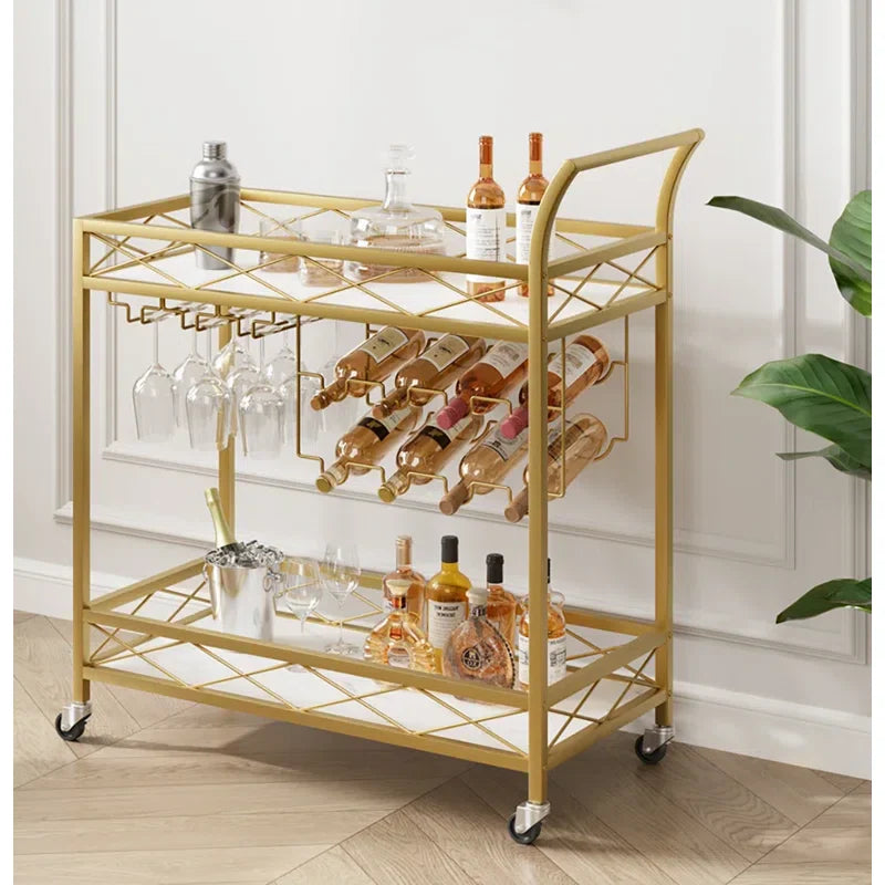Luxury Gold Drink Cart with Built-In Wine & Glass Storage Trolley