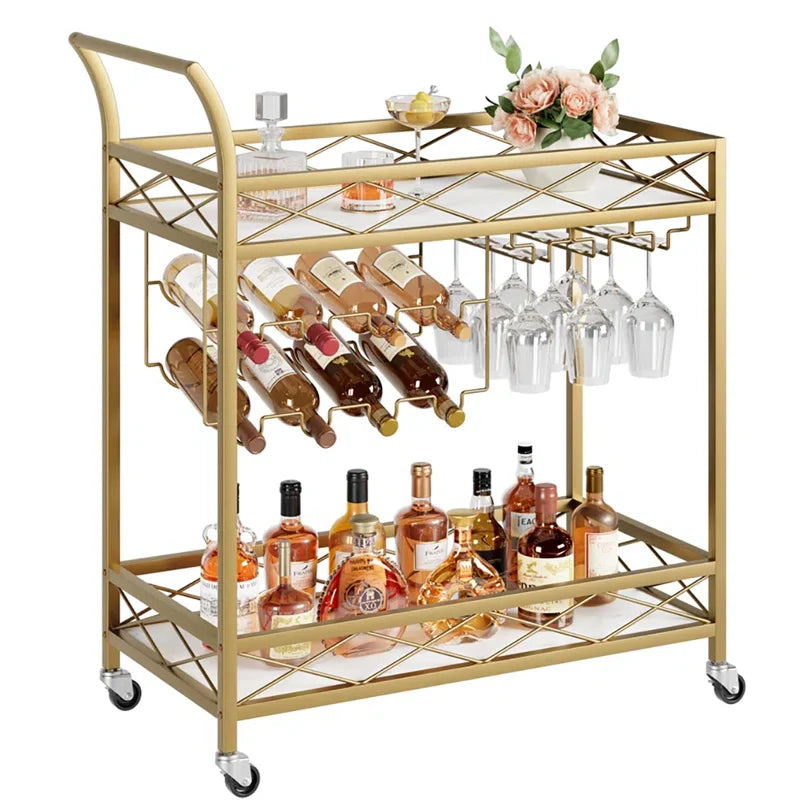 Luxury Gold Drink Cart with Built-In Wine & Glass Storage Trolley