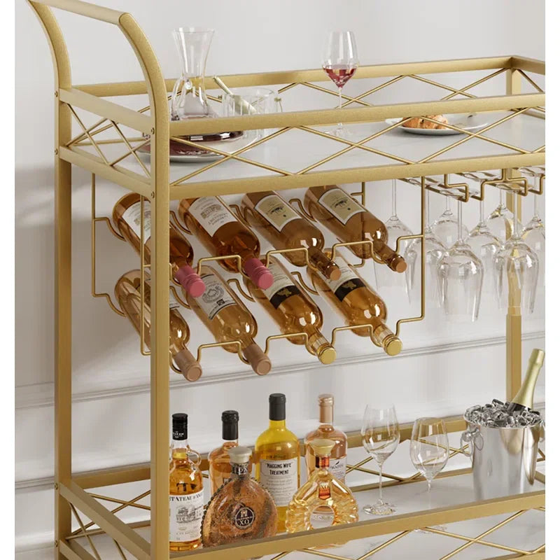 Luxury Gold Drink Cart with Built-In Wine & Glass Storage Trolley