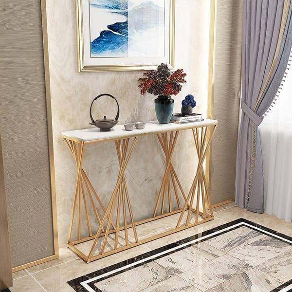 Luxury Golden Metal Finish Console Table with Criss-Cross Base