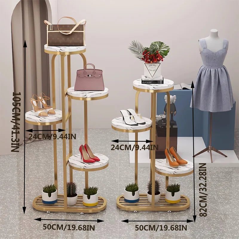 Luxury Multi-Tier Display Shoe Stand with Marble Top and Gold Frame