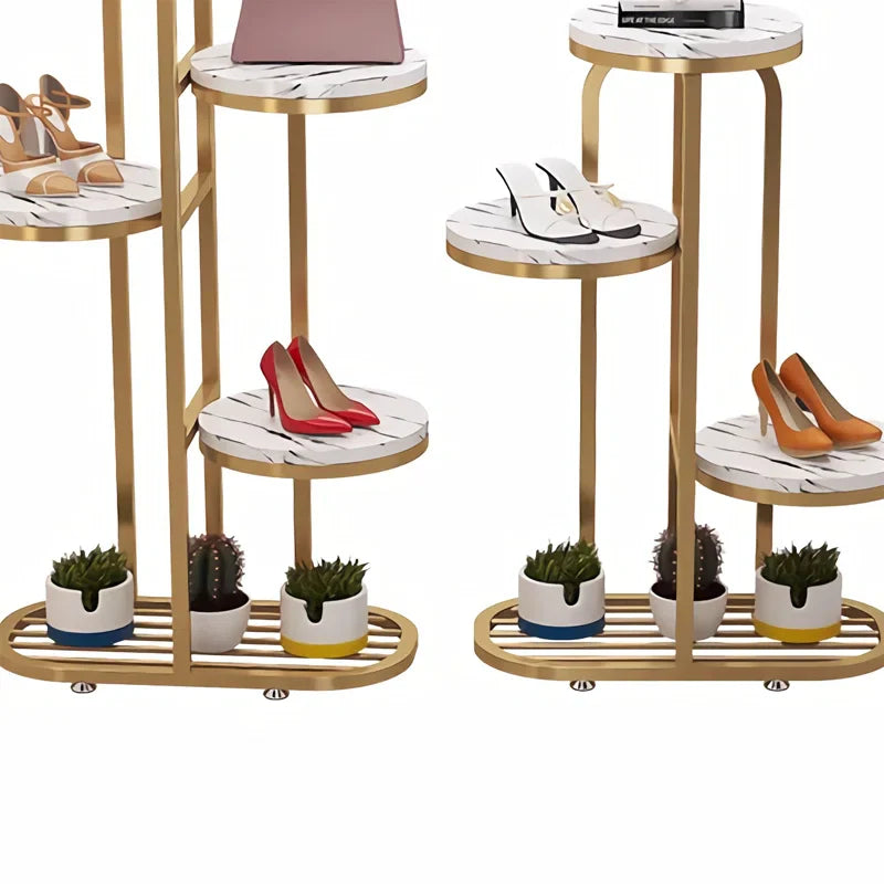 Luxury Multi-Tier Display Shoe Stand with Marble Top and Gold Frame