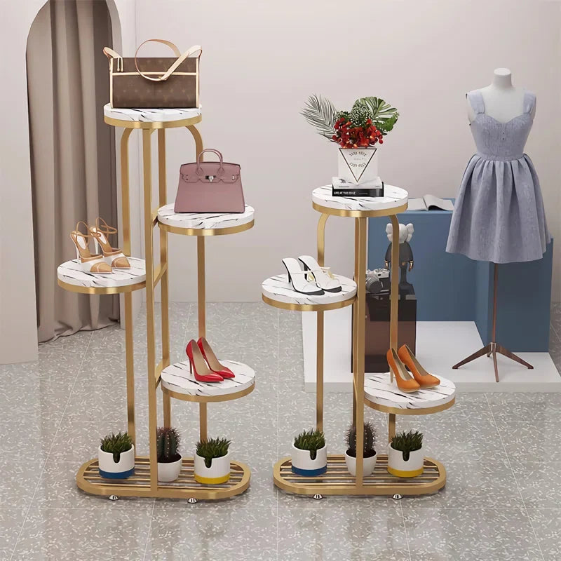 Luxury Multi-Tier Display Shoe Stand with Marble Top and Gold Frame