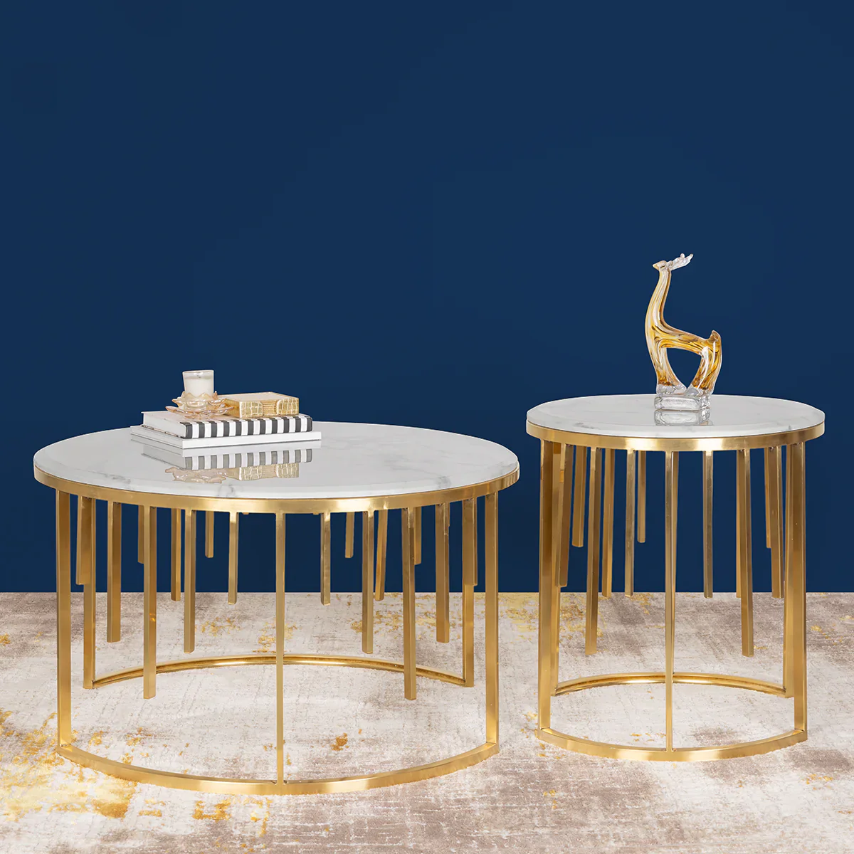 Luxury Round Marble Nesting Coffee Tables with Gold Metal Base