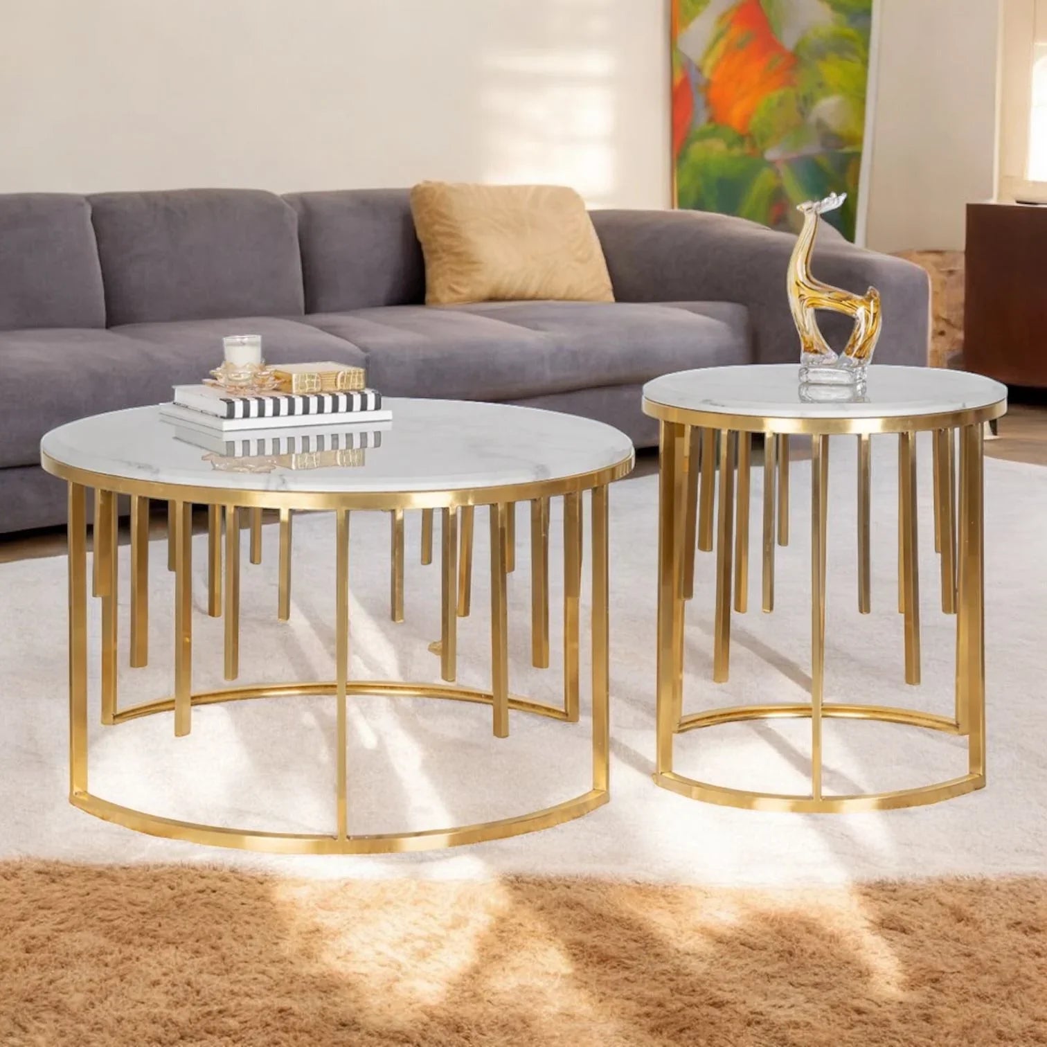 Luxury Round Marble Nesting Coffee Tables with Gold Metal Base
